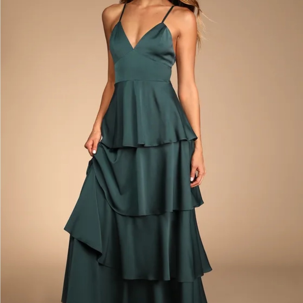 Lulus going with elegance emerald green satin tiered maxi dress